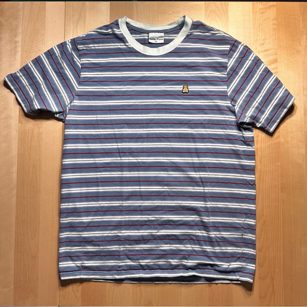 VTG Teddy Fresh Striped Blue Crewneck Tee with Embroidered Logo size XL